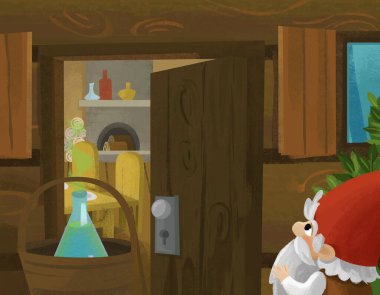 Çocuklar için ahşap ev illüstrasyonunun yanında cücelerin olduğu çizgi film sahnesi