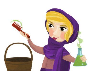 Karikatür sahnesi cadı şifalı bitki kraliçesi çocuklar için sihir çiziyor.