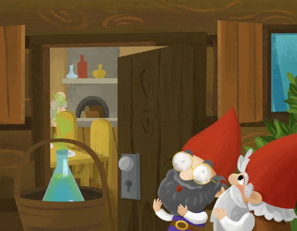 cartoon scene with dwarfs near the wooden house illustration for children