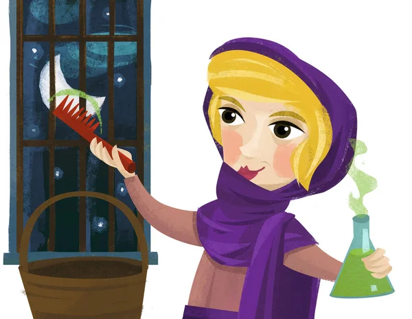 Cartoon Scene Heks Kruidenier Koningin Doen Magie Illustratie Voor Kinderen — Stockfoto