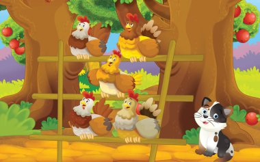 Çocuklar için çiftlik illüstrasyonunda kedili karikatür sahnesi