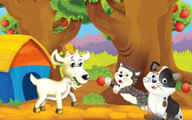 Çocuklar için çiftlik illüstrasyonunda kedili karikatür sahnesi