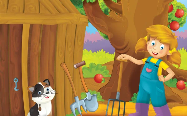 Cartoon Scene Cat Farm Illustration Children — 스톡 사진