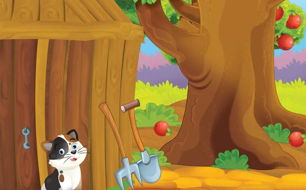 Zeichentrickszene Mit Katze Auf Dem Bauernhof Illustration Für Kinder — Stockfoto