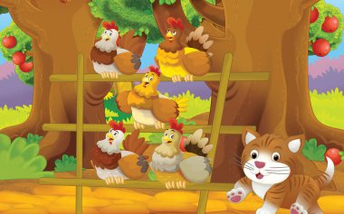 Çocuklar için çiftlik illüstrasyonunda kedili karikatür sahnesi