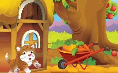 Çocuklar için çiftlik illüstrasyonunda kedili karikatür sahnesi