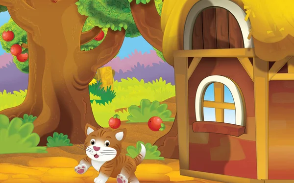 Zeichentrickszene Mit Katze Auf Dem Bauernhof Illustration Für Kinder — Stockfoto