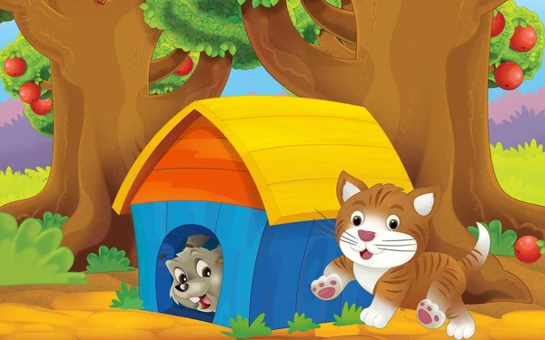 cartoon scene with cat on the farm illustration for children
