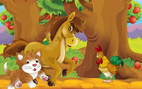 Kreslená Scéna Kočkou Farmě Ilustrace Pro Děti — Stock fotografie