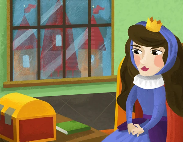 Escena Dibujos Animados Con Reina Princesa Castillo Ilustración Para Niños — Foto de Stock