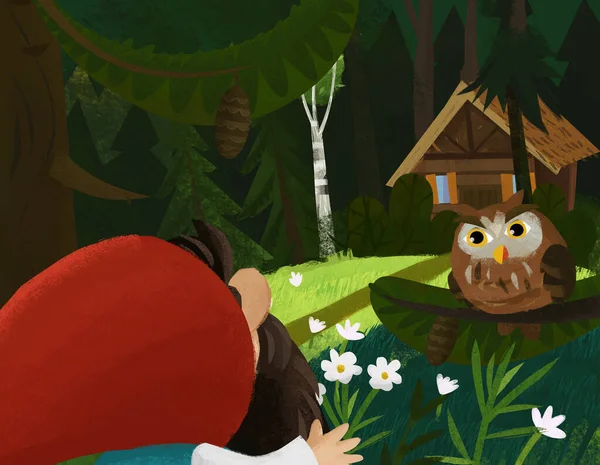 cartoon scene with dwarf in the forest near wooden house illustration for children