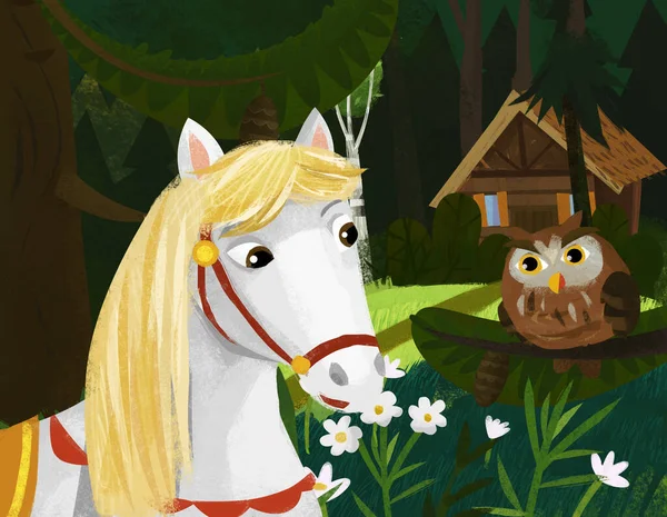 Cena Dos Desenhos Animados Com Cavalo Pássaro Coruja Floresta Perto — Fotografia de Stock