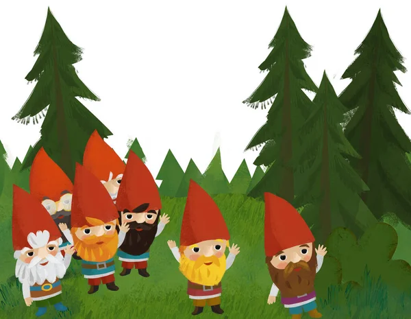 Kreslená Scéna Trpaslíky Lesní Louce Ilustrace Pro Děti — Stock fotografie