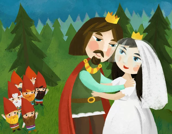 Tegnefilmscene Med Prins Prinsesse Nygifte Nærheten Noen Dverger – stockfoto