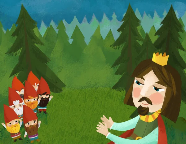 Zeichentrickszene Mit Prinz Wald Bei Einigen Zwergen Illustration Für Kinder — Stockfoto