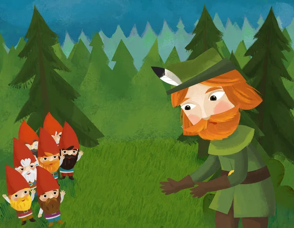 cartoon scene with prince in the forest near some dwarfs illustration for children