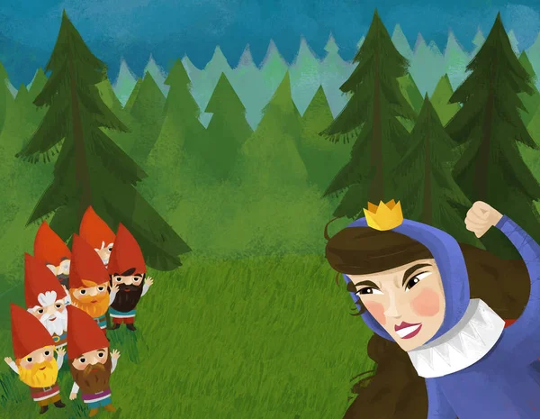 cartoon scene with princess in the forest near some dwarfs illustration for children
