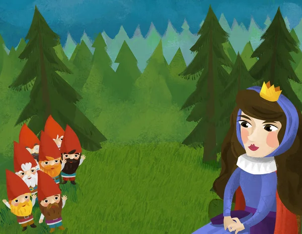 Zeichentrickszene Mit Prinzessin Wald Bei Einigen Zwergen Illustration Für Kinder — Stockfoto