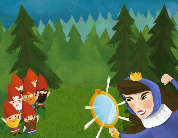 Zeichentrickszene Mit Prinzessin Wald Bei Einigen Zwergen Illustration Für Kinder — Stockfoto