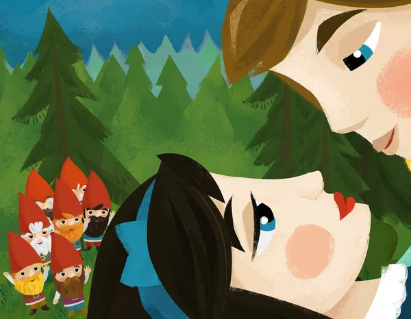 Zeichentrickszene Mit Prinzenpaar Bei Einigen Zwergen Illustration Für Kinder — Stockfoto