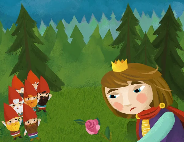 Zeichentrickszene Mit Prinz Wald Bei Einigen Zwergen Illustration Für Kinder — Stockfoto
