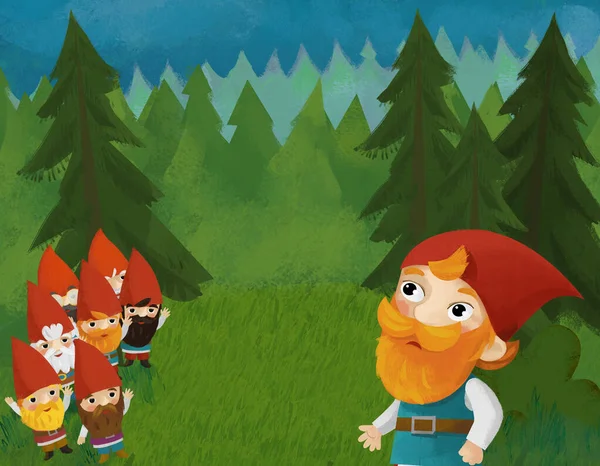 cartoon scene with dwarfs in the forest illustration for children