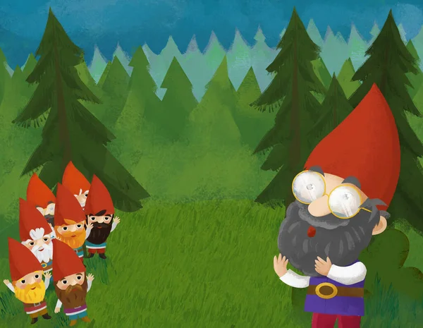 cartoon scene with dwarfs in the forest illustration for children
