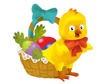 happy easter chicken with basket full of eggs isolated illustration for children