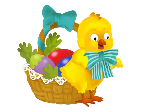 Happy Easter Chicken Basket Full Eggs Isolated Illustration Children — Stok fotoğraf