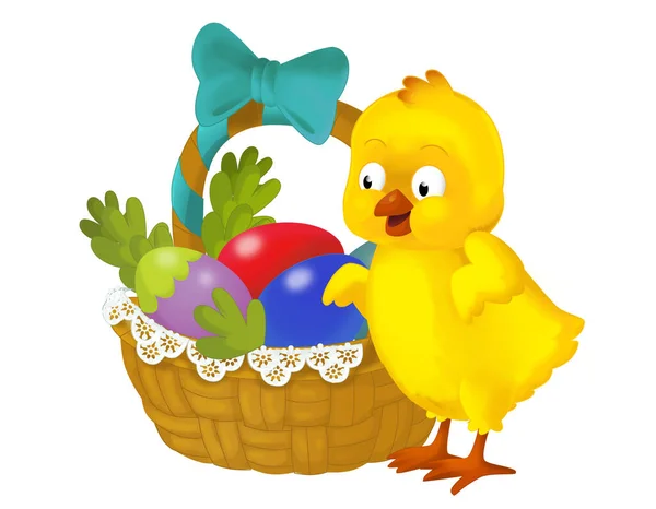 子供のための卵の隔離されたイラストでいっぱいのバスケットと幸せなイースターチキン — ストック写真