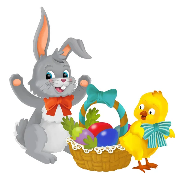 带复活节彩蛋的复活节兔子和鸡 篮子里有独立的儿童插图 — 图库照片