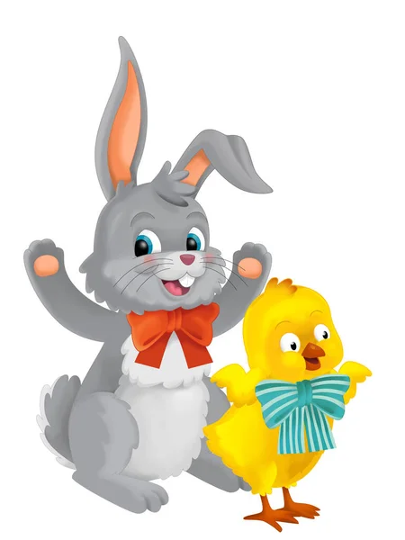 playful easter rabbit and chicken having fun isolated illustration for children