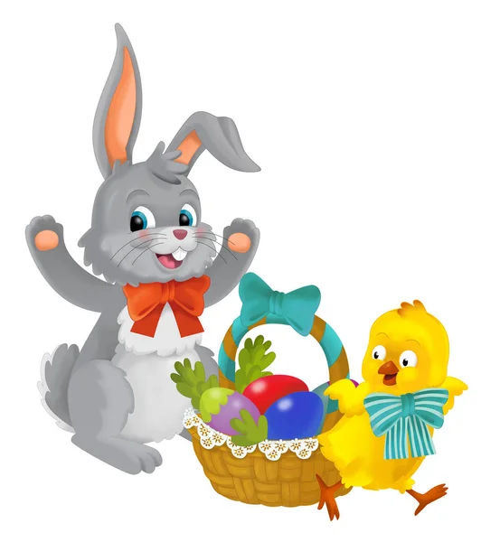 easter rabbit and chicken with easter eggs in basket isolated illustration for children