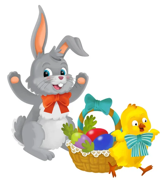 Easter Rabbit Chicken Easter Eggs Basket Isolated Illustration Children — Stock fotografie