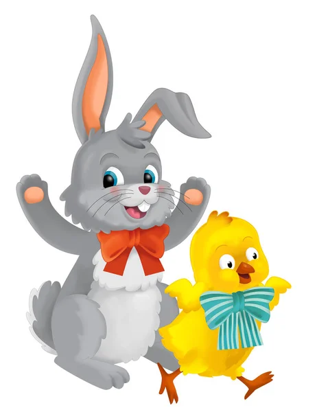 playful easter rabbit and chicken having fun isolated illustration for children