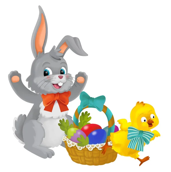 easter rabbit and chicken with easter eggs in basket isolated illustration for children