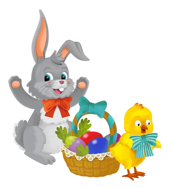 带复活节彩蛋的复活节兔子和鸡 篮子里有独立的儿童插图 — 图库照片