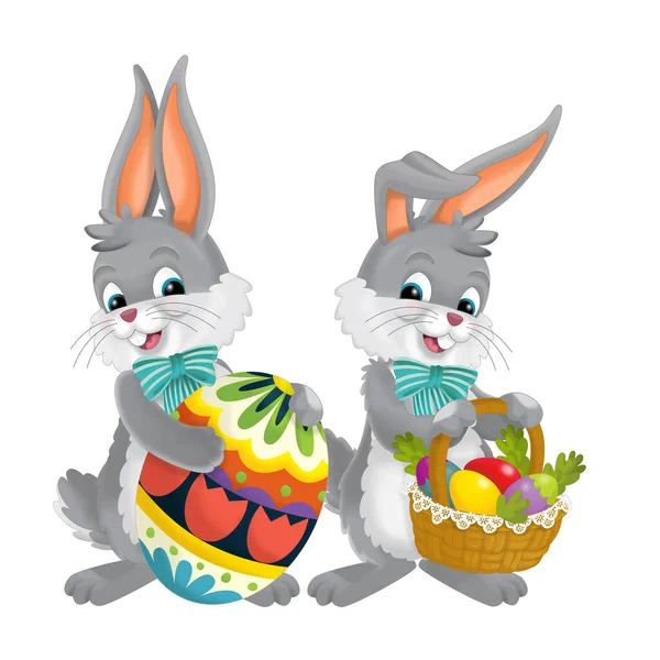 cartoons scene with easter bunnies with eggs isolated illustration for children