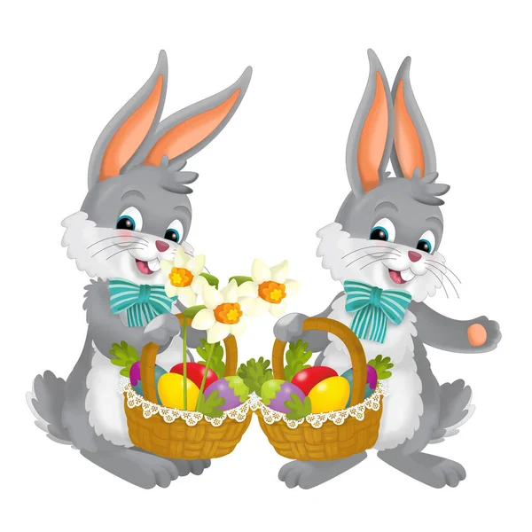 cartoons scene with easter bunnies with eggs isolated illustration for children