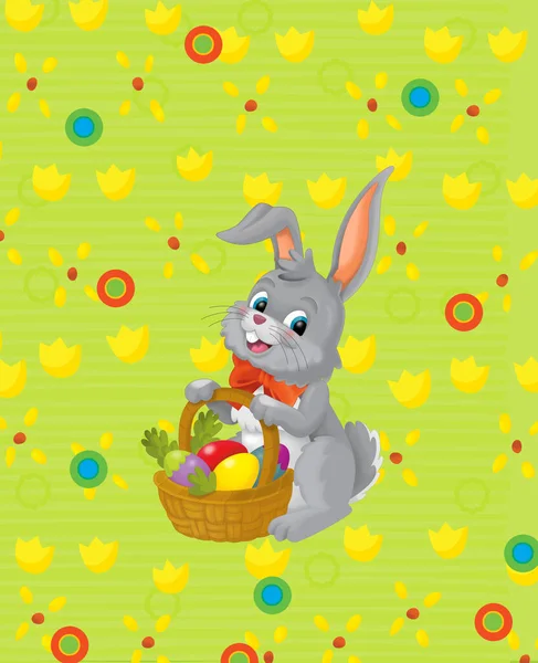 cartoon scene with easter bunny rabbit on the meadow background illustration for children