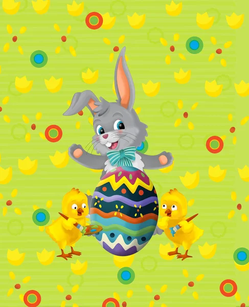 Cartoon Scene Easter Bunny Rabbit Chicken Meadow Background Illustration Children — Stockfoto