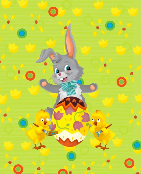 Cartoon Scene Easter Bunny Rabbit Chicken Meadow Background Illustration Children — Stock fotografie