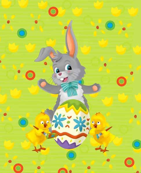 Cartoon Scene Easter Bunny Rabbit Chicken Meadow Background Illustration Children — Foto de Stock
