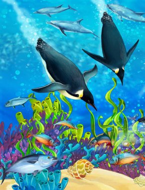 cartoon scene with coral reef animals underwater illustration for children