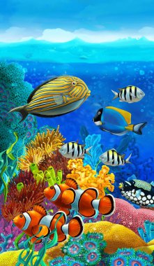 cartoon scene with coral reef animals underwater illustration for children