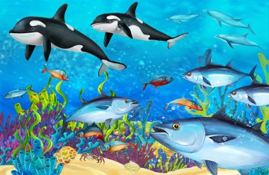 cartoon scene with coral reef animals underwater illustration for children