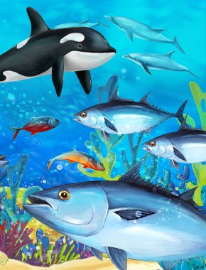 cartoon scene with coral reef animals underwater illustration for children