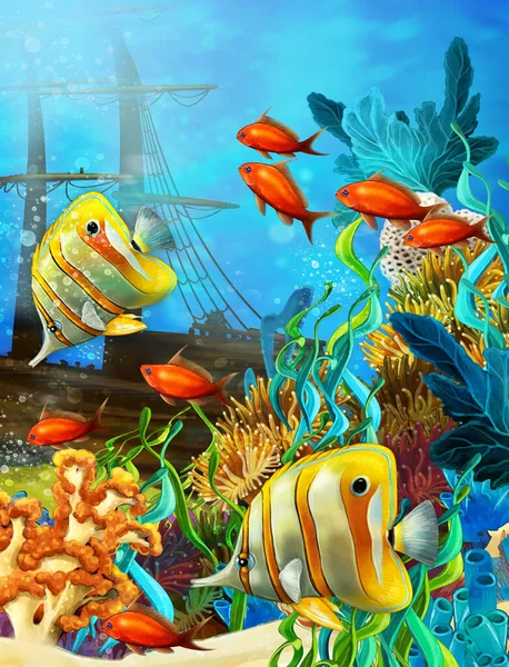 Cartoon Scene Coral Reef Animals Underwater Illustration Children — Stockfoto