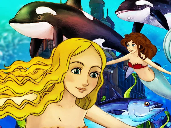 Cartoon Scene Coral Reef Animals Underwater Swimming Mermaid Illustration Children — Stock Photo, Image