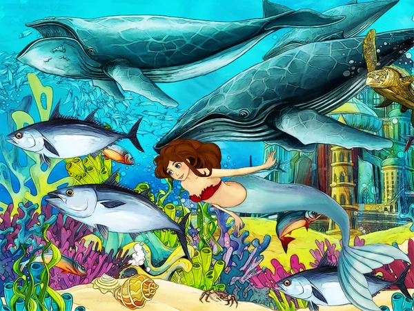 Cartoon Scene Coral Reef Animals Underwater Swimming Mermaid Illustration Children — Zdjęcie stockowe
